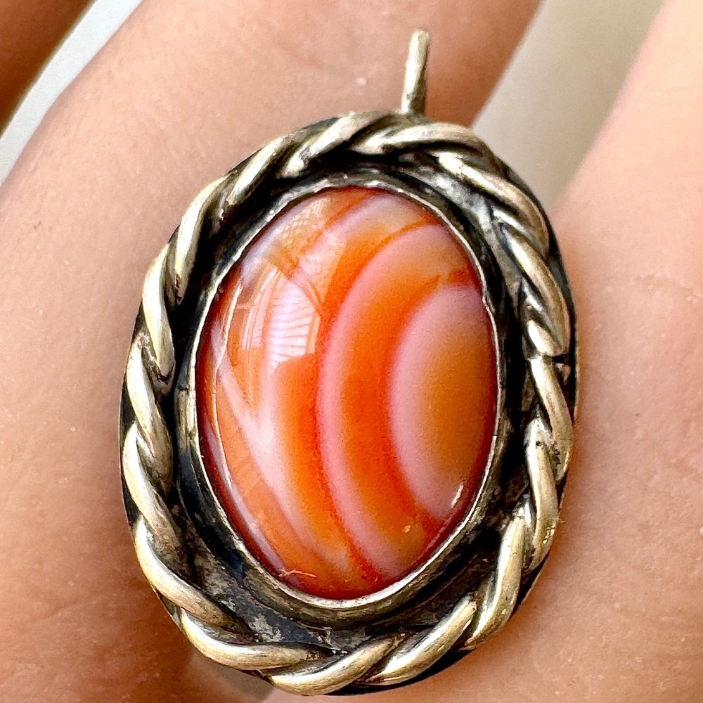 VTG Navajo Orange Spiny Oyster Pendant 1" Cab Sterling Oval Native American